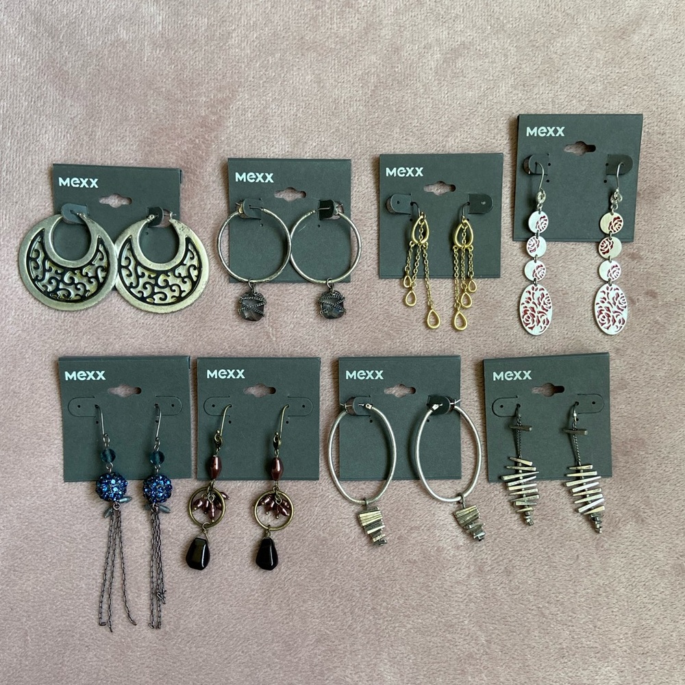 NEW Mexx LOT OF 8 earrings,beautiful designs, chandelier, Drops, chain accent